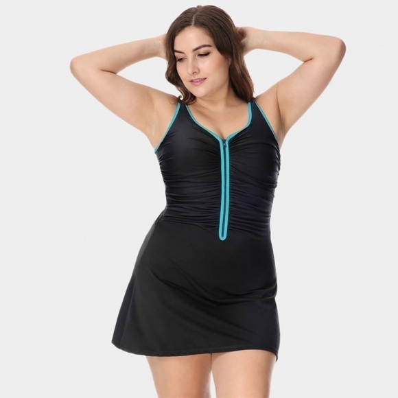 Delimira,Black & Blue Zip-Up, Skirted Bathing Suit, (Retail $260),EUC, 18W - Picture 1 of 7